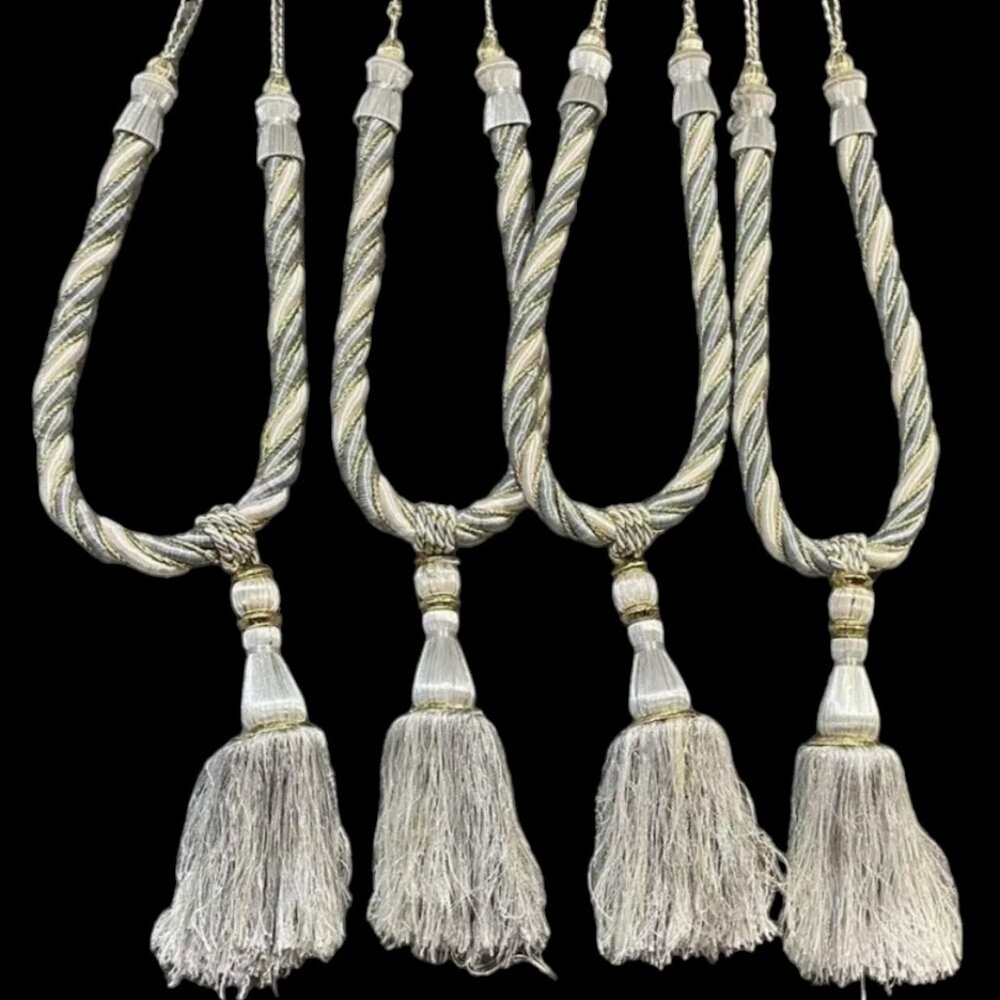 2 Pair Of 2 Tone Gold Curtain Tie Backs With XLarge 30” X 3.5” Tassels